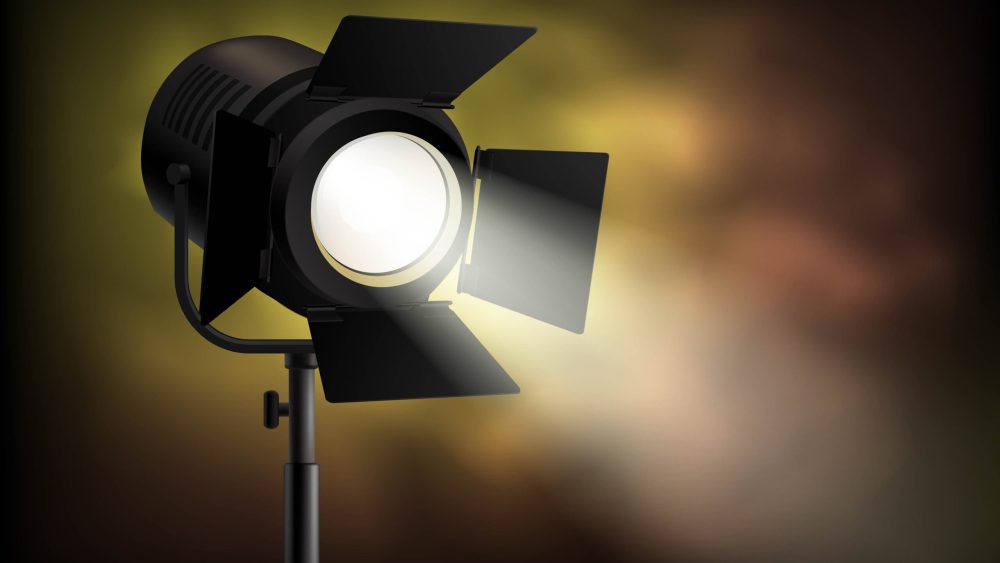 Classical cinematographic movie shooting realistic spotlight poster with dark blurry misty with smoke effect background vector illustration